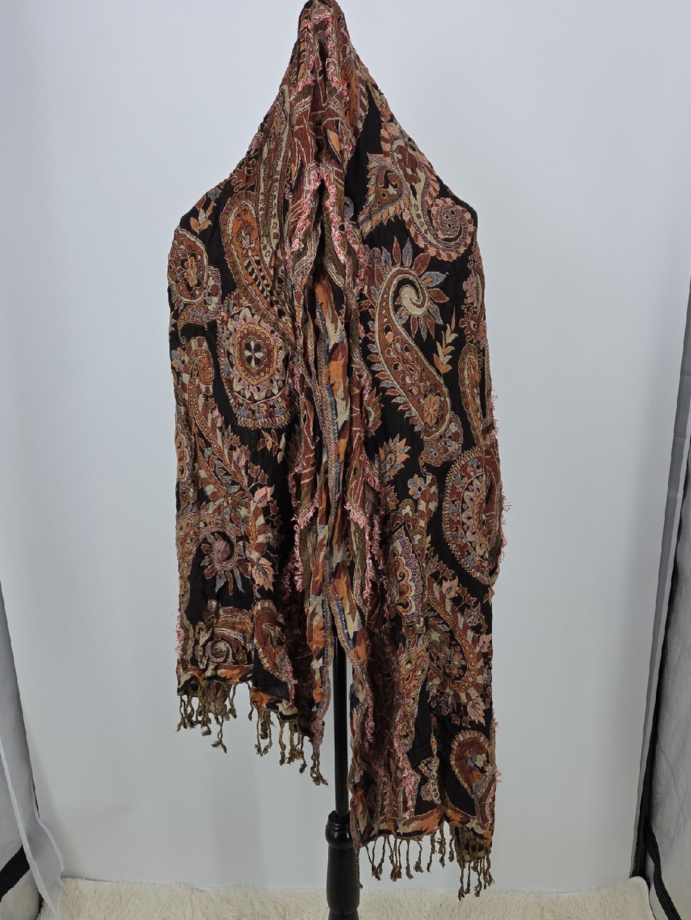 Bohemian Paisley Fringe Wrap Scarf - Black with Brown & Pink Accents